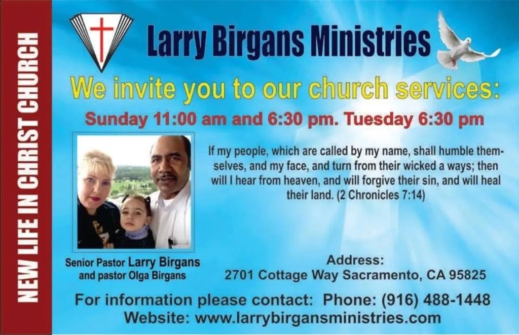 Larry Birgans Ministries – church service invitation flyer with service times, pastoral photos, and contact information